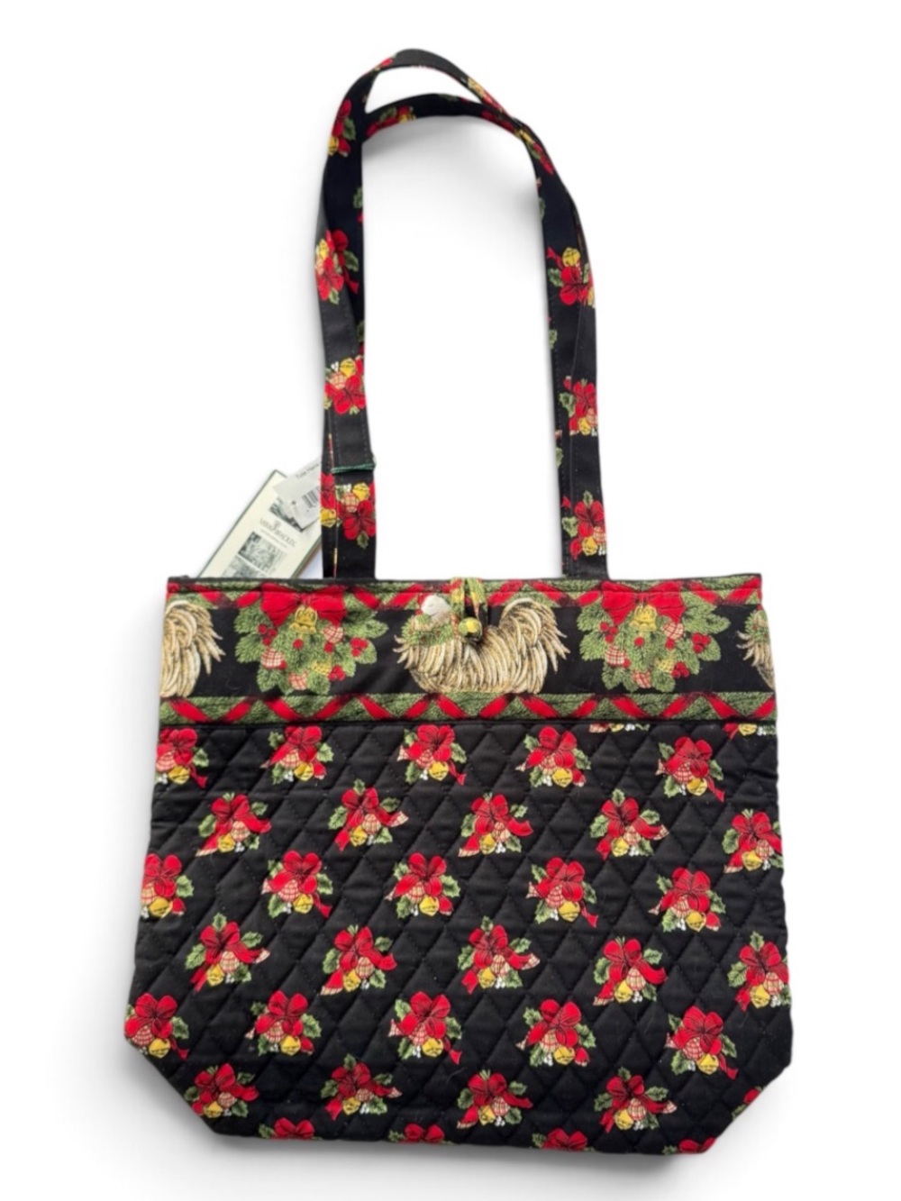 Vera Bradley Hens and Holly Christmas Bows Chickens Quilted Tote Bag Red Black